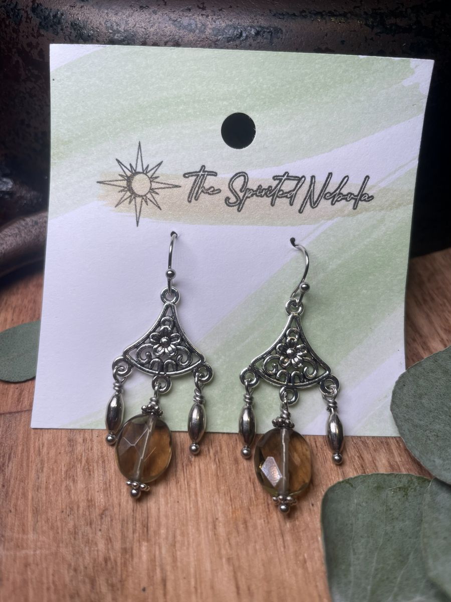 Handmade Earrings Chandelier Style, Faceted Smokey Quartz and Silver Tone Beads, with Stainless Steel Fishhook Ear Wire - Image 2