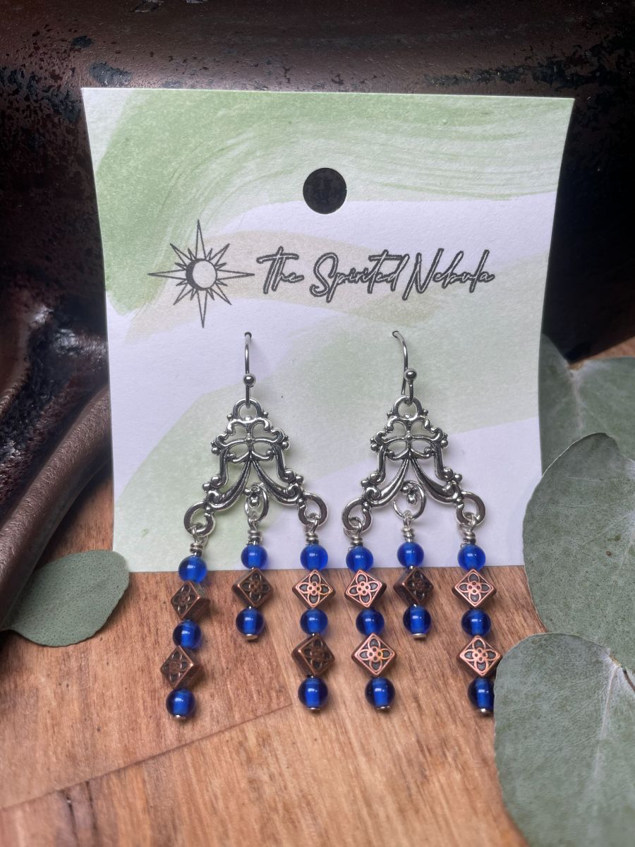 Handmade Earrings Chandelier Style, Czech Blue Glass and Copper Beads, with Stainless Steel Fishhook Ear Wire - Image 2