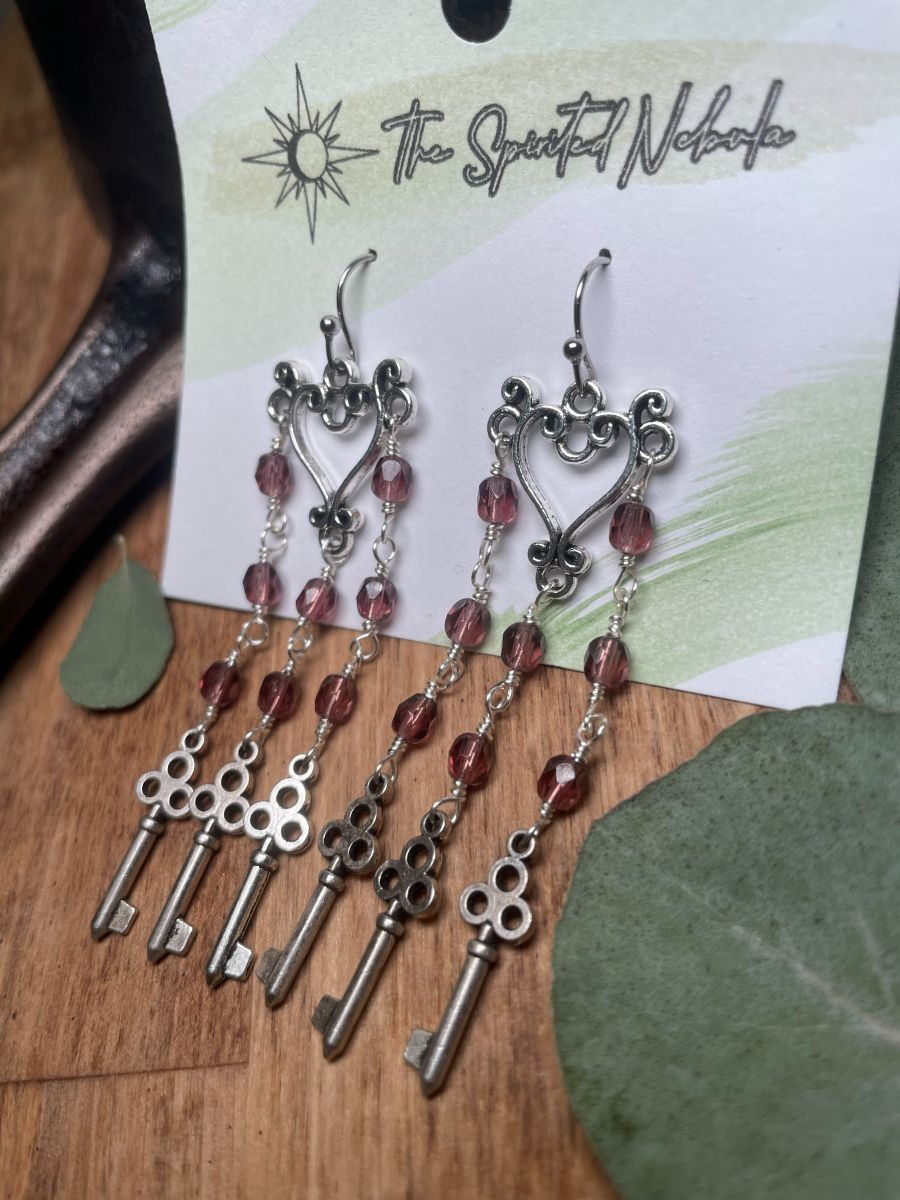 Handmade Earrings Chandelier Style, Purple Beads and Key Charms, with Stainless Steel Fishhook Ear Wire - Image 4