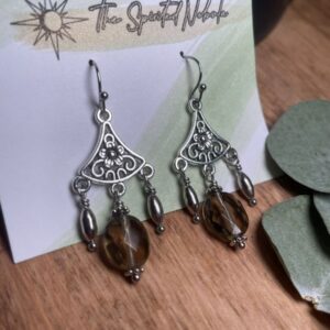 Handmade Earrings Chandelier Style, Faceted Smokey Quartz and Silver Tone Beads, with Stainless Steel Fishhook Ear Wire