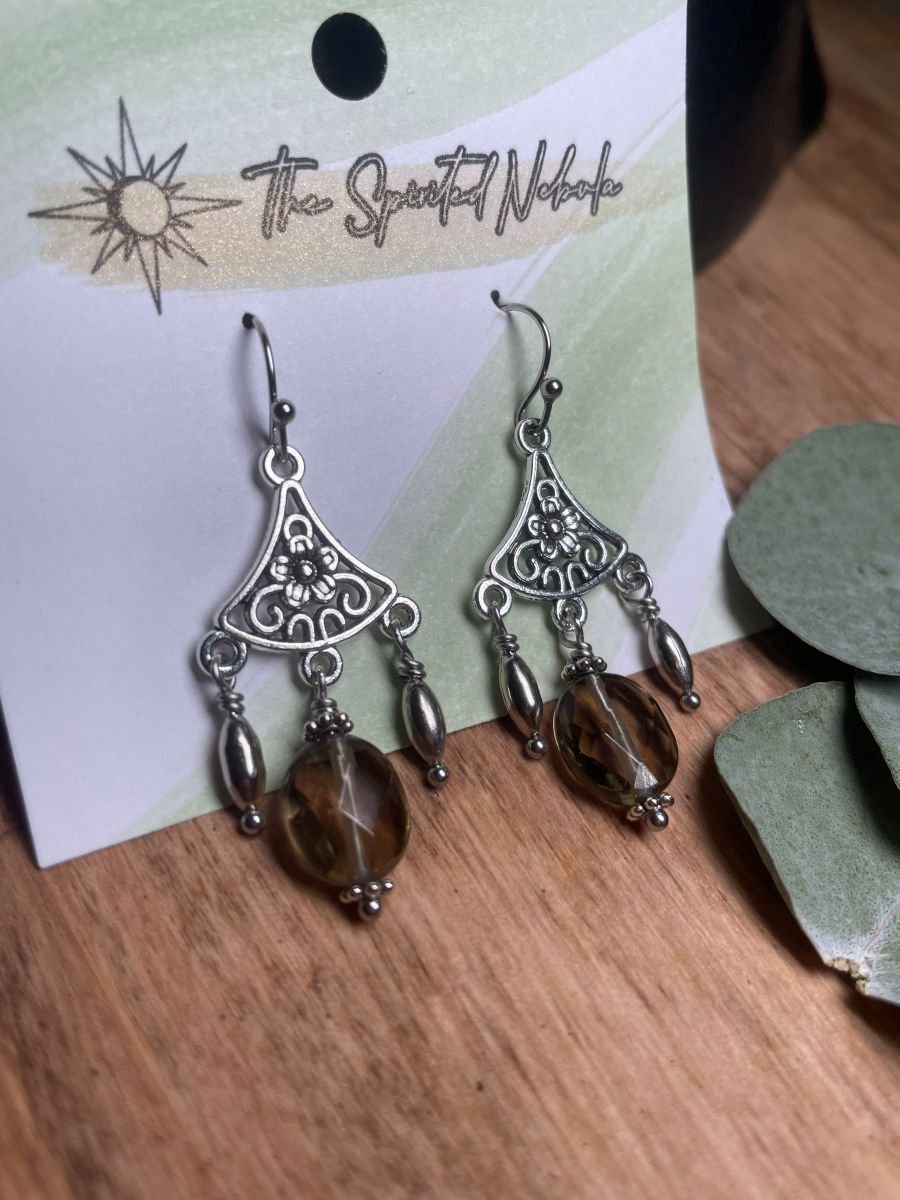 Handmade Earrings Chandelier Style, Faceted Smokey Quartz and Silver Tone Beads, with Stainless Steel Fishhook Ear Wire