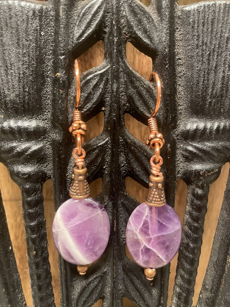 Handmade Dangle Earrings, Chevron Amethyst, with Copper Fishhook Ear Wire - Image 5