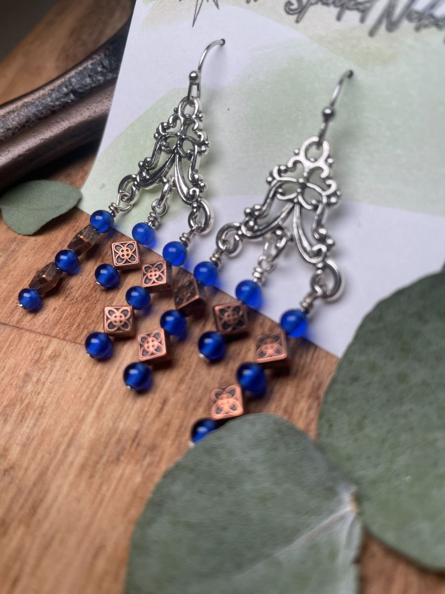 Handmade Earrings Chandelier Style, Czech Blue Glass and Copper Beads, with Stainless Steel Fishhook Ear Wire - Image 4