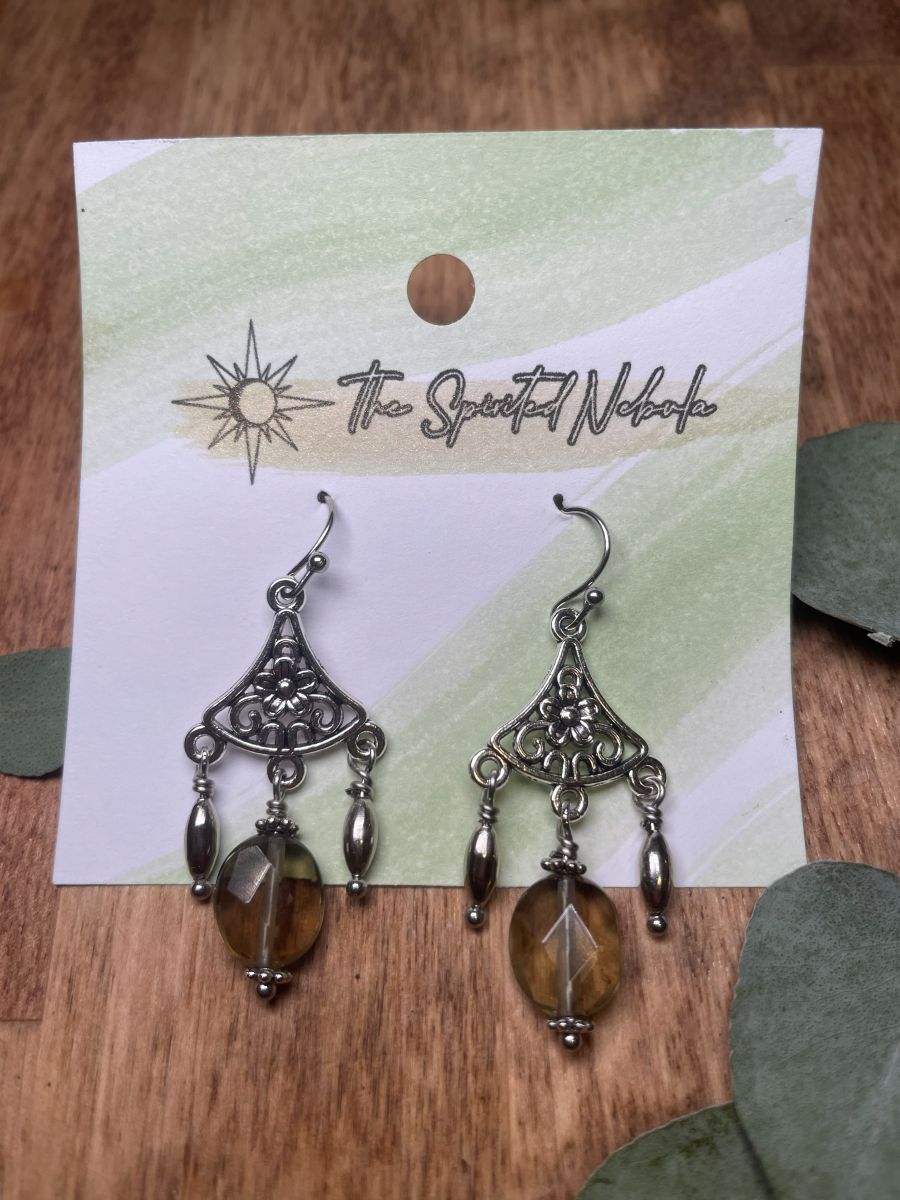 Handmade Earrings Chandelier Style, Faceted Smokey Quartz and Silver Tone Beads, with Stainless Steel Fishhook Ear Wire - Image 3