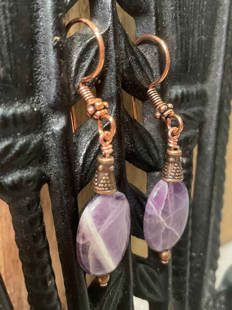Handmade Dangle Earrings, Chevron Amethyst, with Copper Fishhook Ear Wire - Image 6