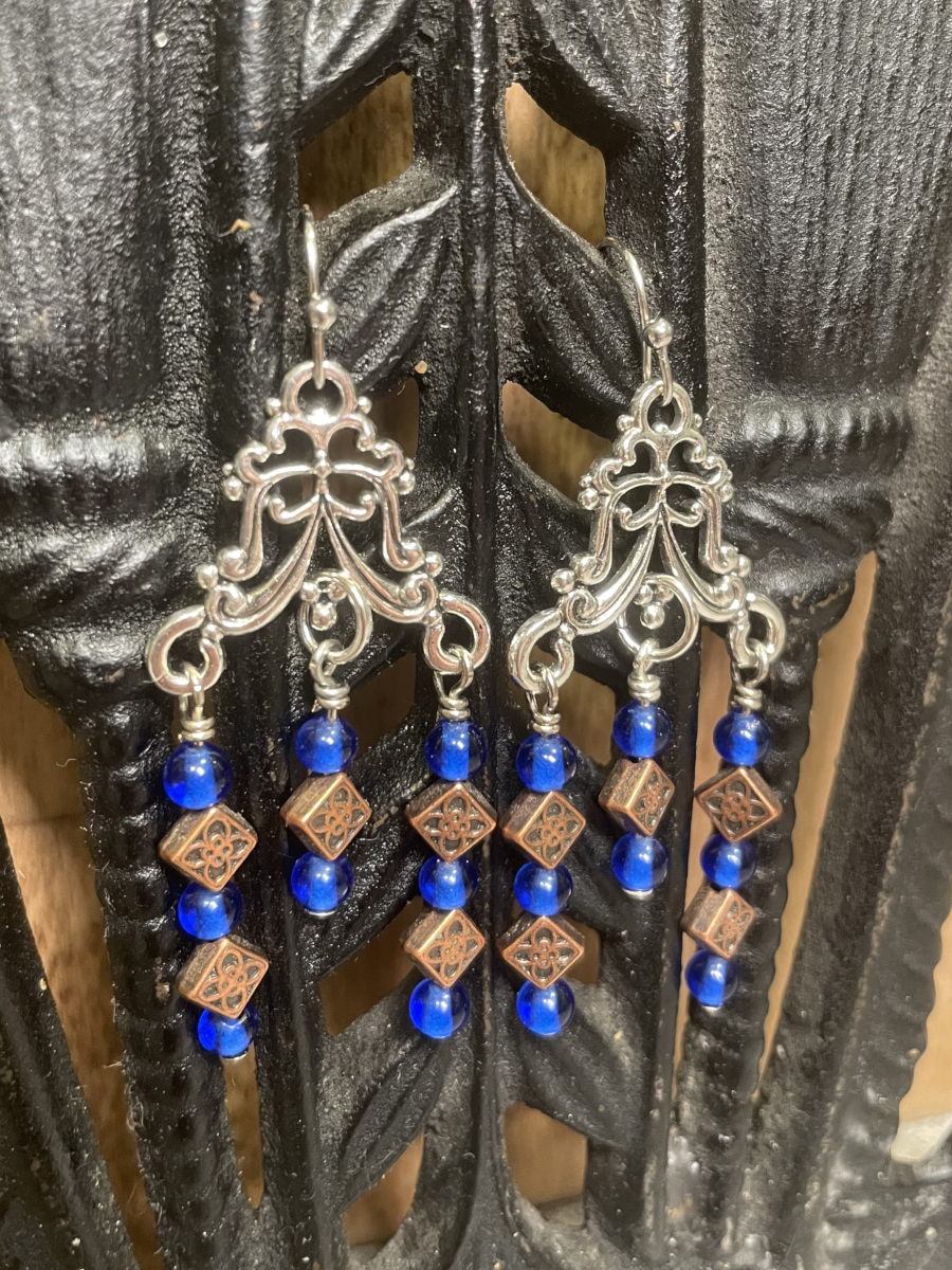 Handmade Earrings Chandelier Style, Czech Blue Glass and Copper Beads, with Stainless Steel Fishhook Ear Wire - Image 5