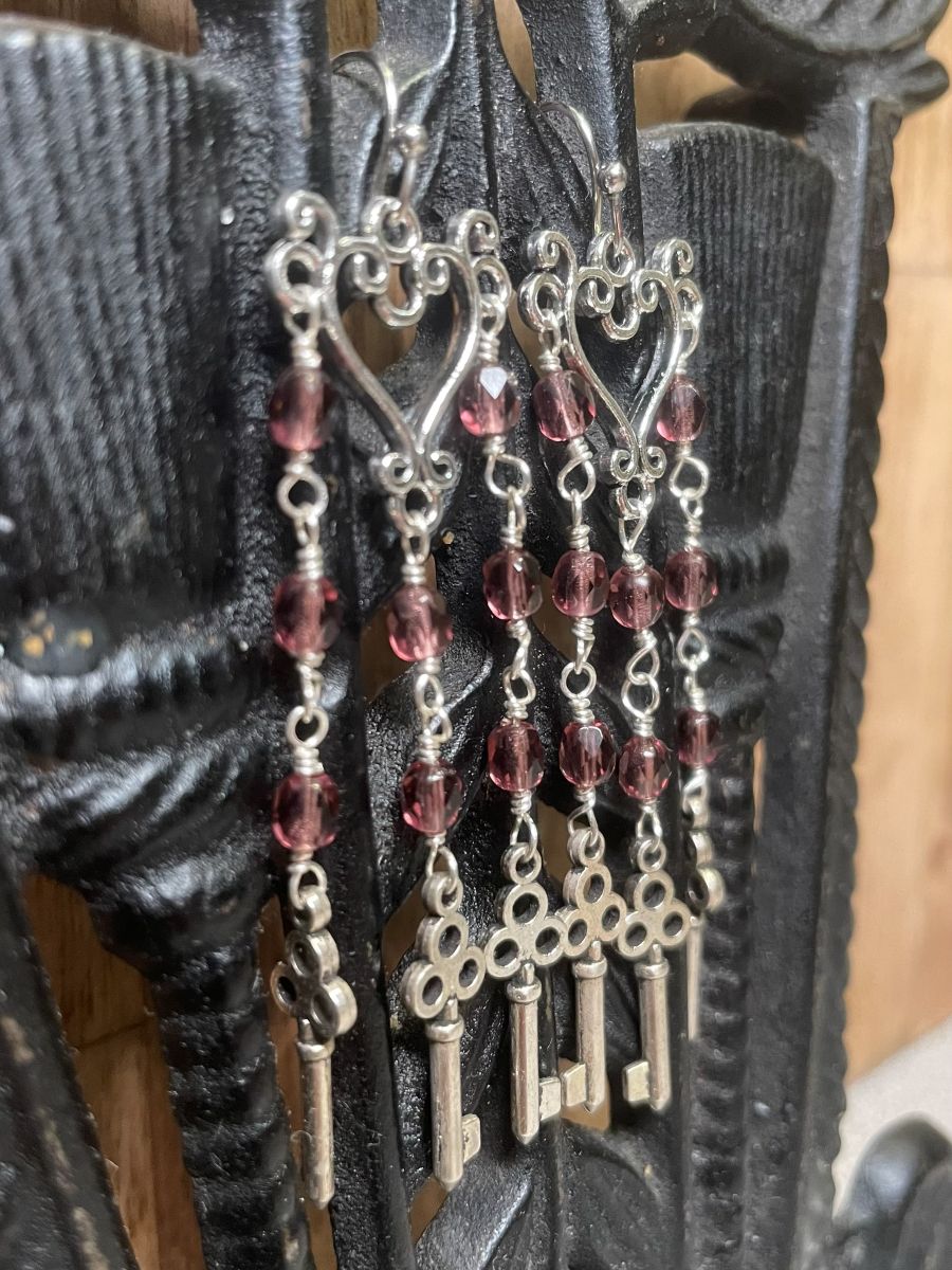 Handmade Earrings Chandelier Style, Purple Beads and Key Charms, with Stainless Steel Fishhook Ear Wire - Image 5