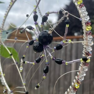 Handmade Spider on Web Sun Catcher, Black / Purple / Yellow Glass Beads