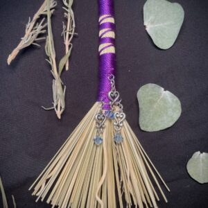Handmade Small Hawk Tail Broom, Purple Handle with Heart Charms