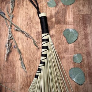Handmade Small Turkey Wing 6" Broom with Black Handle, Braided Hanging Loop