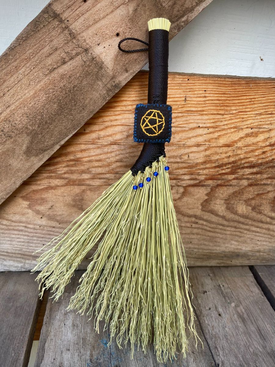Handmade Small Hen Wing 11" Broom, Black Handle with Pentacle and Blue Glass Beads - Image 2