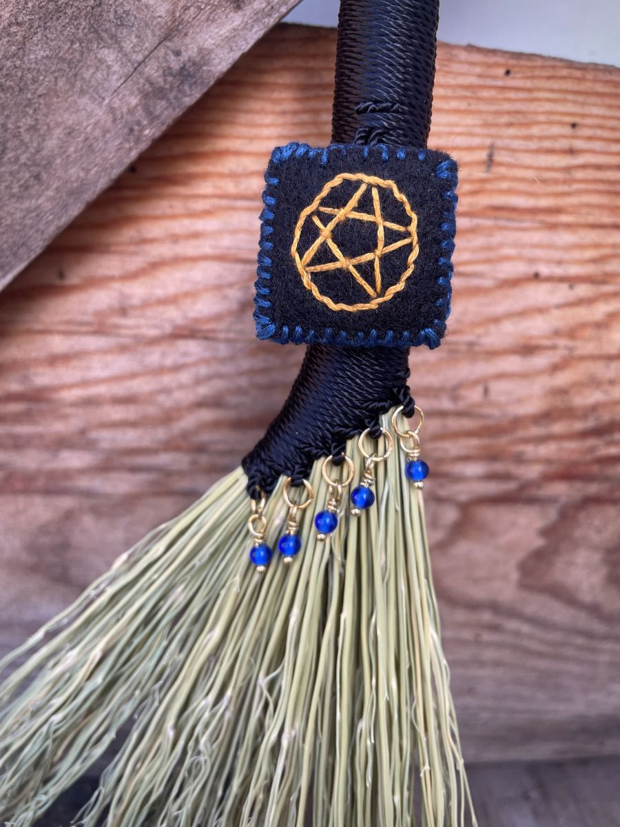 Handmade Small Hen Wing 11" Broom, Black Handle with Pentacle and Blue Glass Beads - Image 3