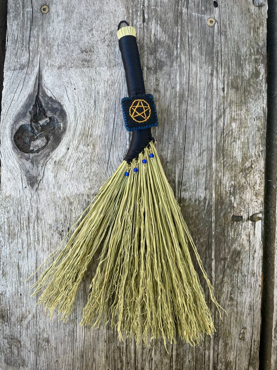 Handmade Small Hen Wing 11" Broom, Black Handle with Pentacle and Blue Glass Beads - Image 5