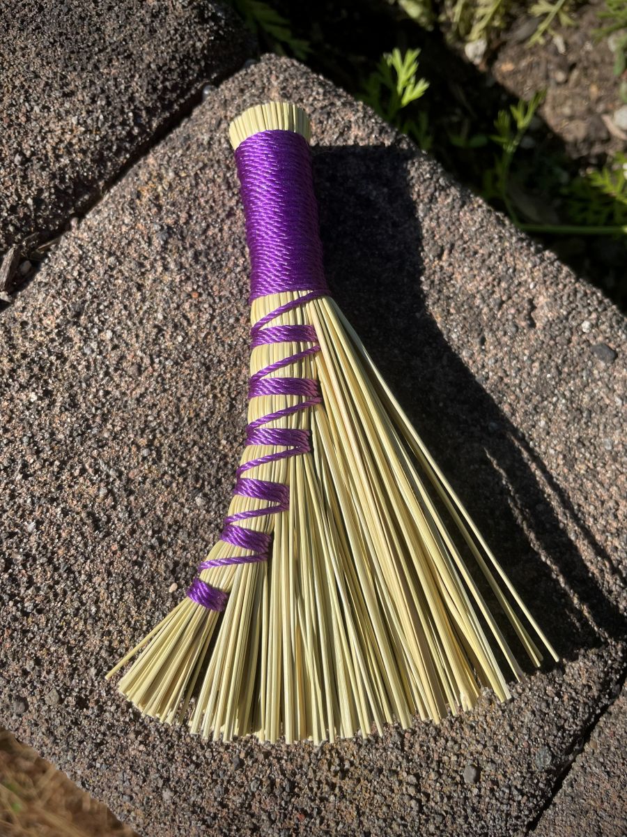 Handmade Small Turkey Wing 5" Broom with Purple Handle - Image 5