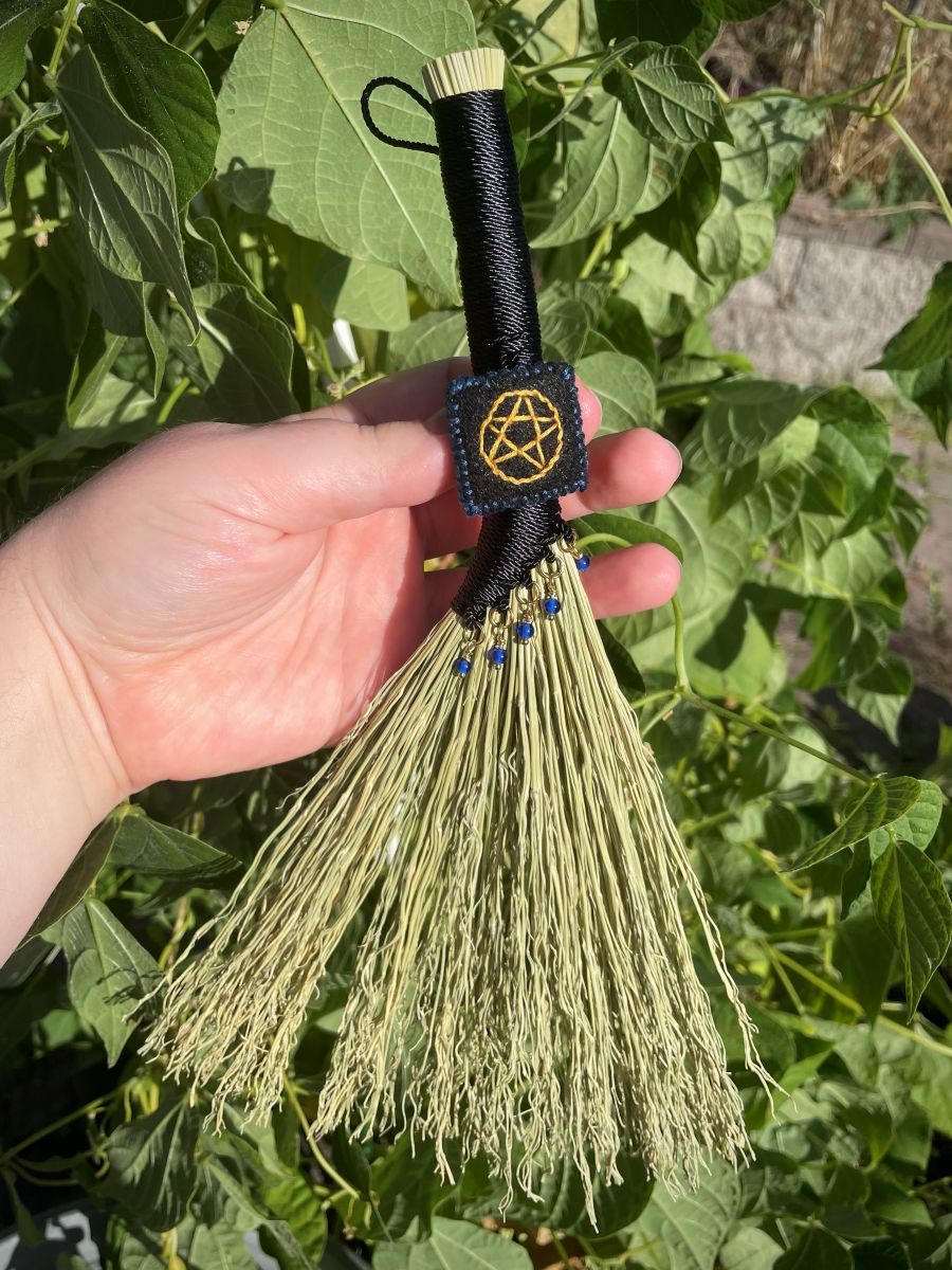 Handmade Small Hen Wing 11" Broom, Black Handle with Pentacle and Blue Glass Beads - Image 6