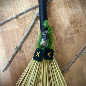 Handmade Small Hawk Tail 8" Broom, Black Handle with Runes and Jar Charm