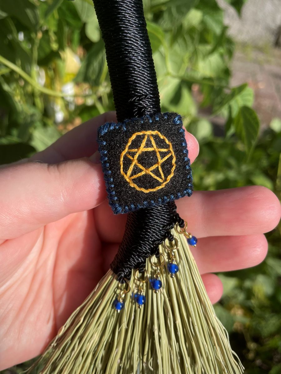 Handmade Small Hen Wing 11" Broom, Black Handle with Pentacle and Blue Glass Beads - Image 7