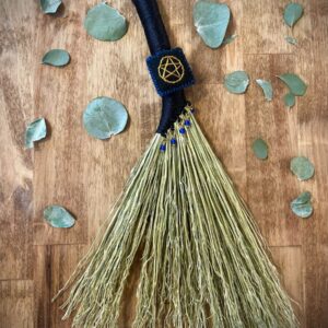 Handmade Small Hen Wing 11" Broom, Black Handle with Pentacle and Blue Glass Beads