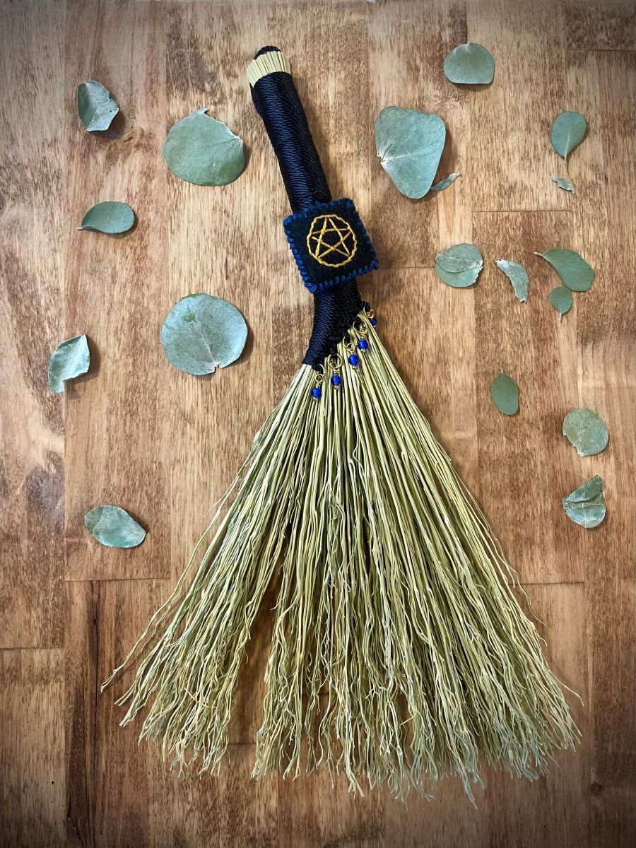Handmade Small Hen Wing 11" Broom, Black Handle with Pentacle and Blue Glass Beads