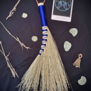 Handmade Turkey Wing 13" Broom with Blue Handle, Suede Loop