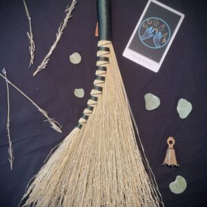Handmade Turkey Wing Hand Broom 17", Forest Green Handle and Suede Hanging Loop
