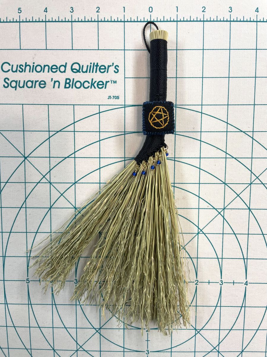 Handmade Small Hen Wing 11" Broom, Black Handle with Pentacle and Blue Glass Beads - Image 8